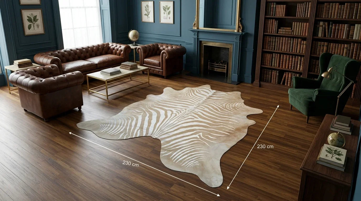 Brown and White cowhide rug on hardwood floor in london townhouse living room