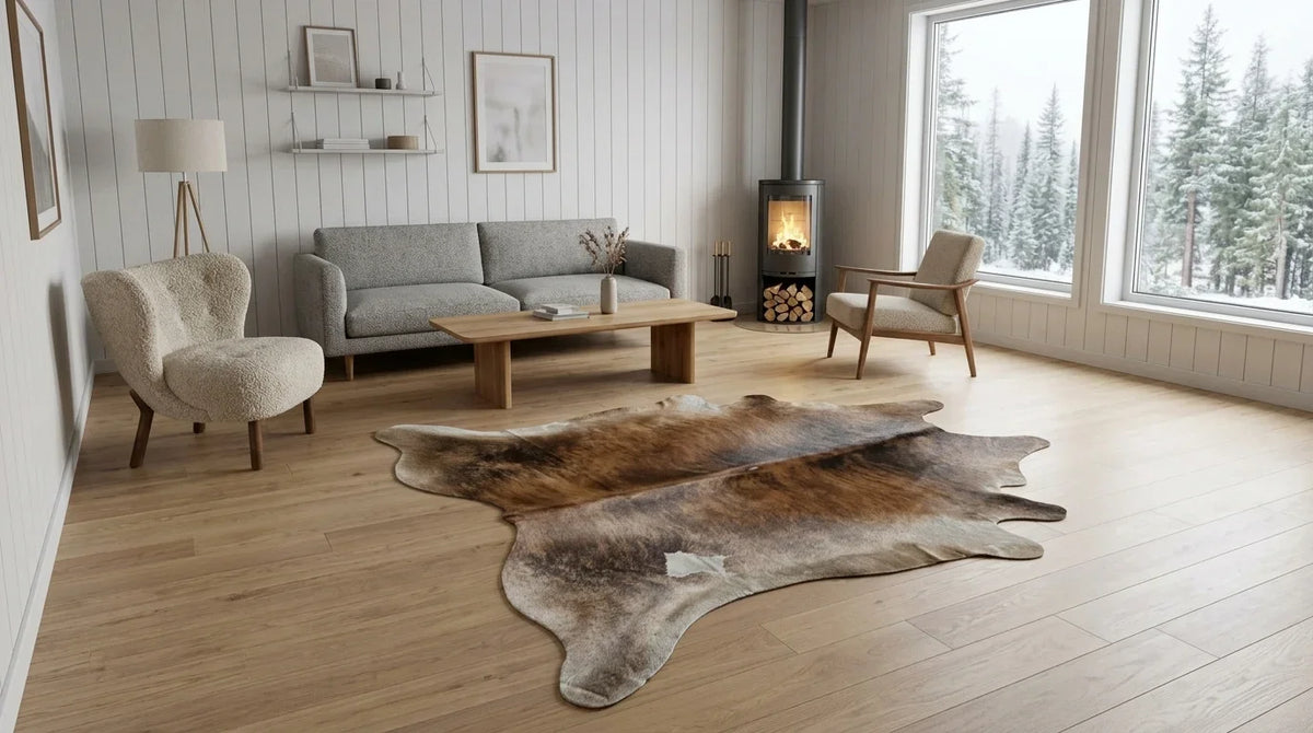 Brown and White cowhide rug on hardwood floor in scandinavian cabin living room