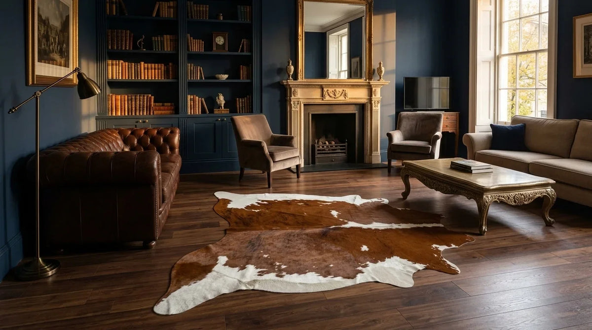 Brown and White cowhide rug on hardwood floor in london townhouse living room