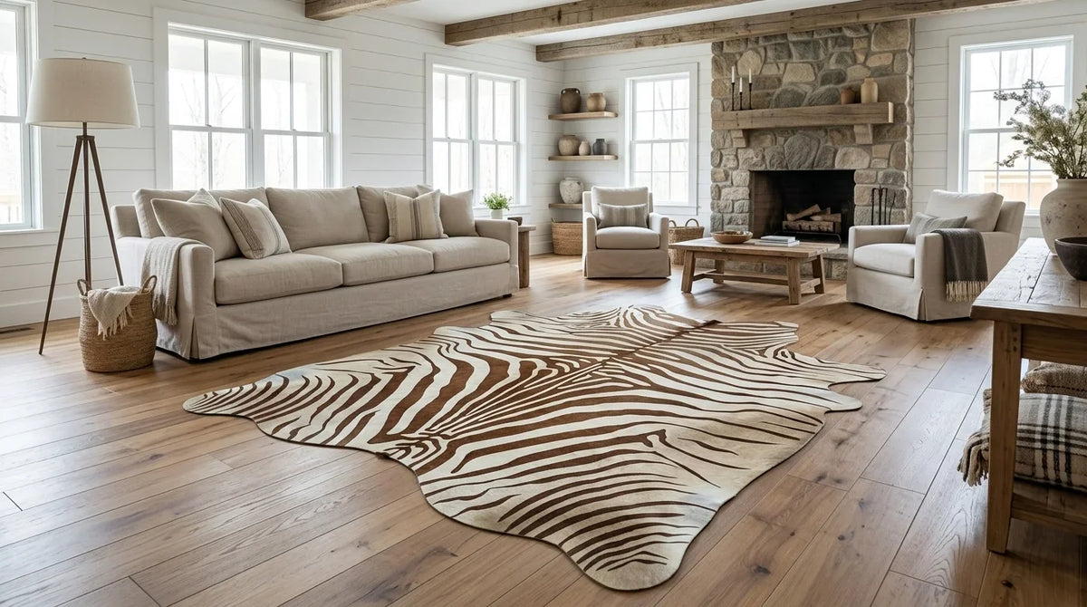 Brown and White cowhide rug on hardwood floor in modern farmhouse living room