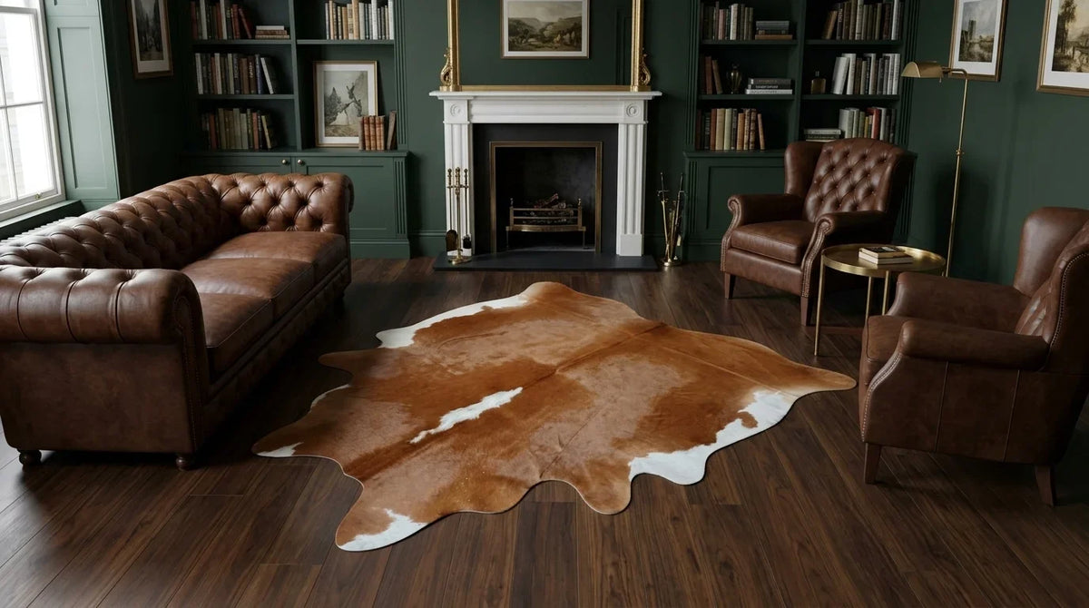 Brown and White cowhide rug on hardwood floor in london townhouse living room