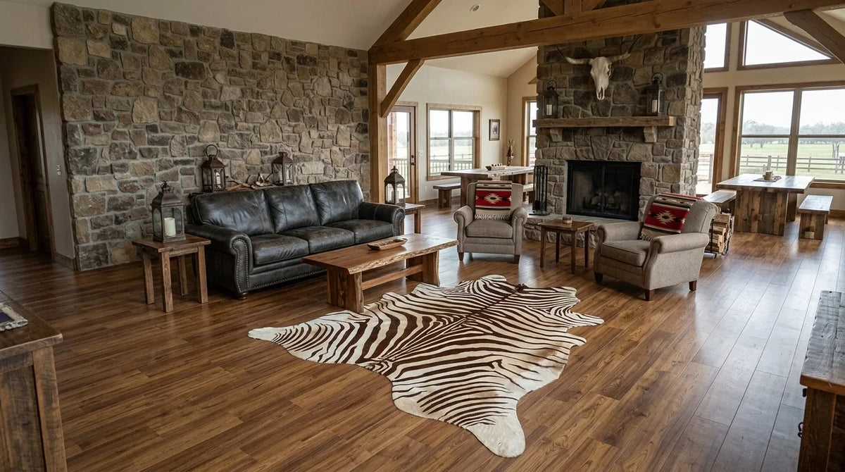 Brown and White cowhide rug on hardwood floor in texas ranch living room