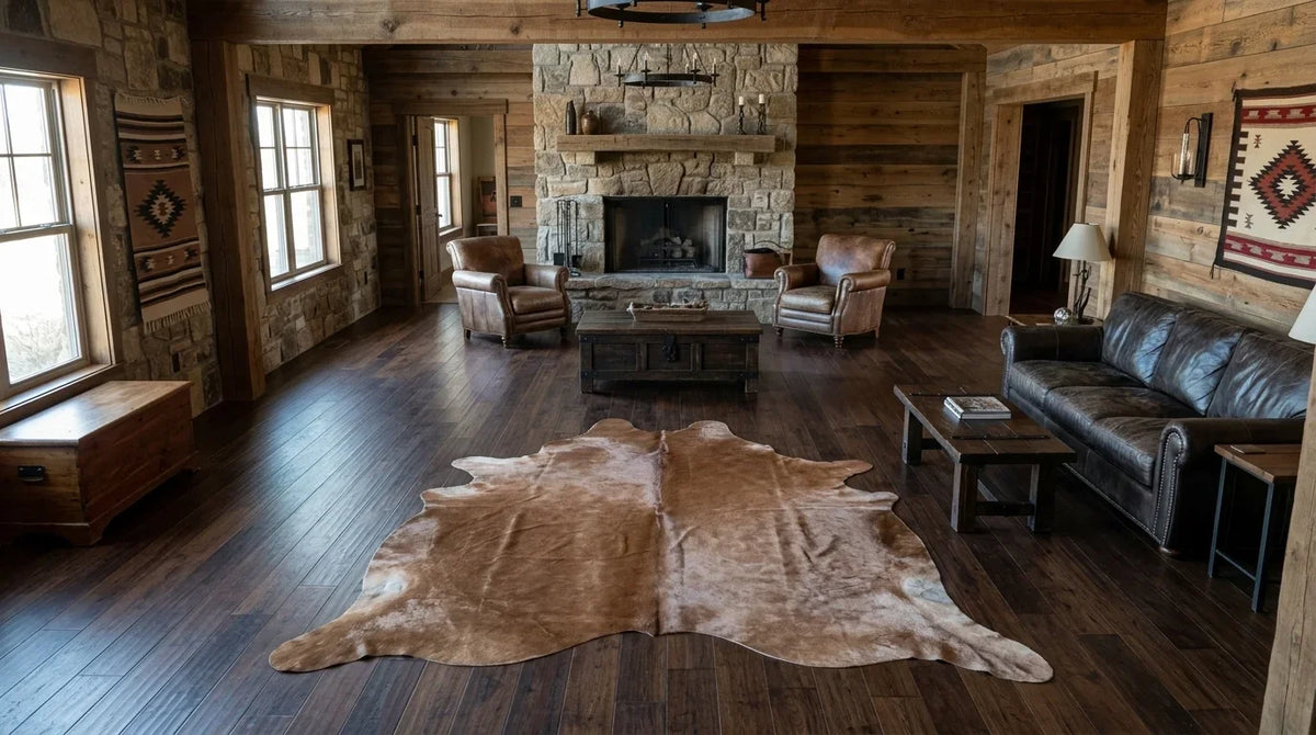 Brown and White cowhide rug on hardwood floor in texas ranch living room