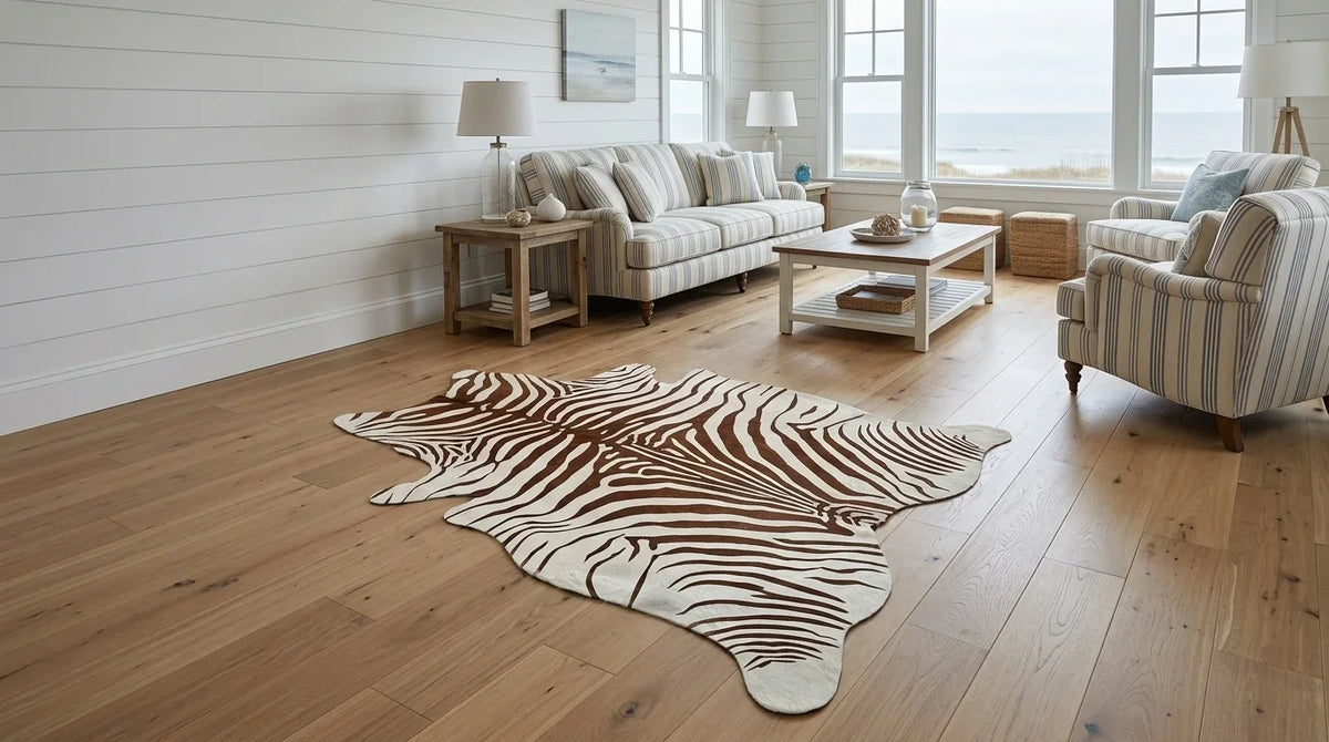 Brown and White cowhide rug on hardwood floor in hamptons coastal living room