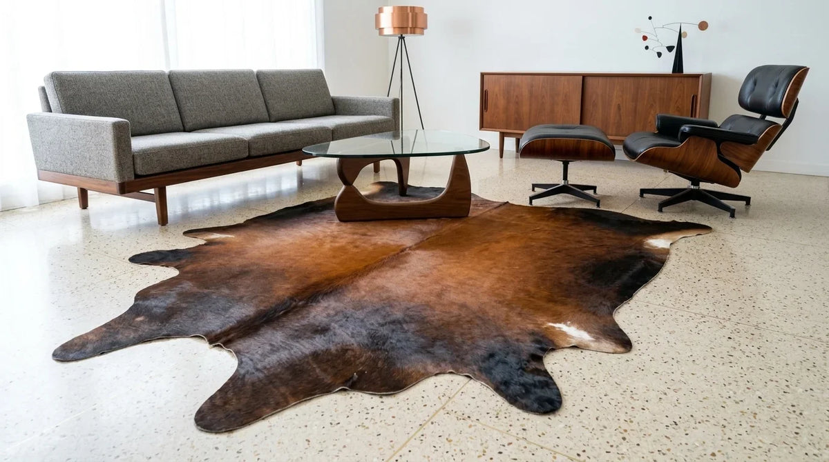 Brown and White cowhide rug on hardwood floor in midcentury modern living room