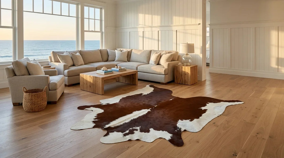 Brown and White cowhide rug on hardwood floor in hamptons coastal living room