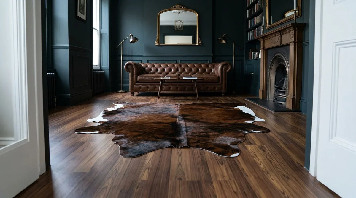 Brown and White cowhide rug on hardwood floor in London Townhouse living room