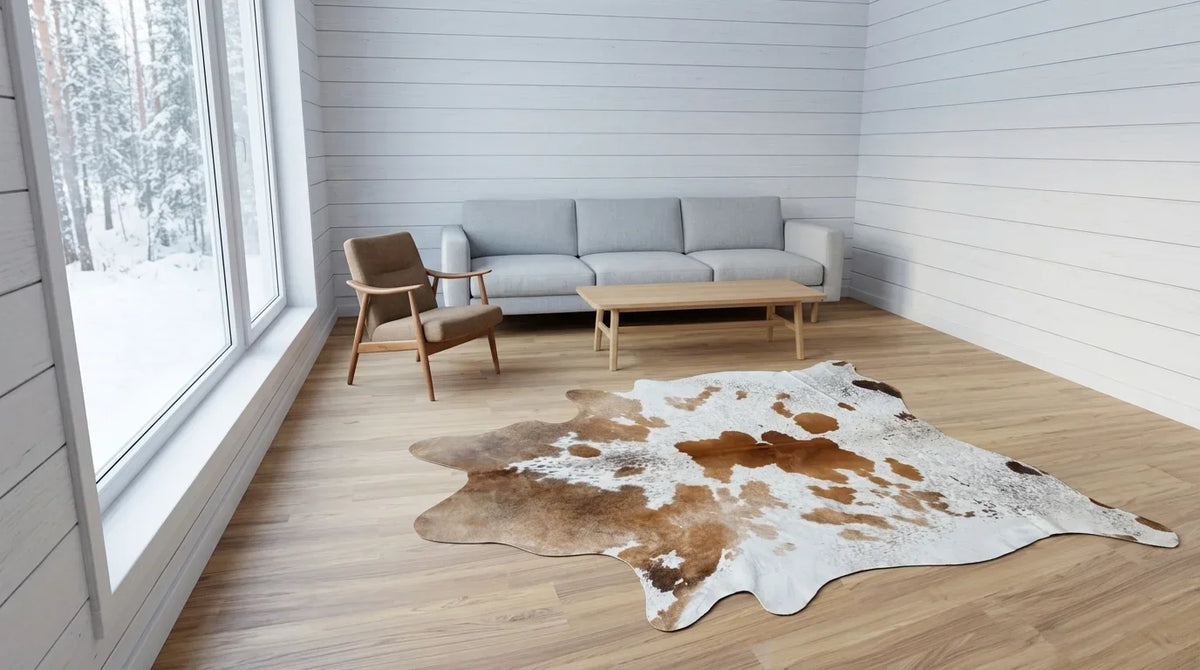 Kuhfell in Braun-Weiß im Wohnzimmer im skandinavischen Hüttenstil