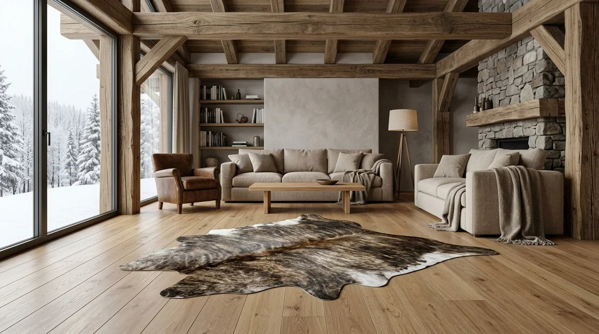Brown and White cowhide rug on hardwood floor in modern chalet living room