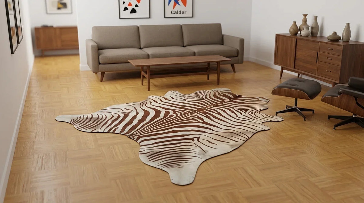 Brown and White cowhide rug on hardwood floor in midcentury modern living room