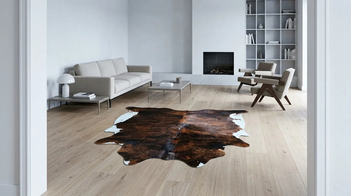 Brown and White cowhide rug on hardwood floor in contemporary european living room