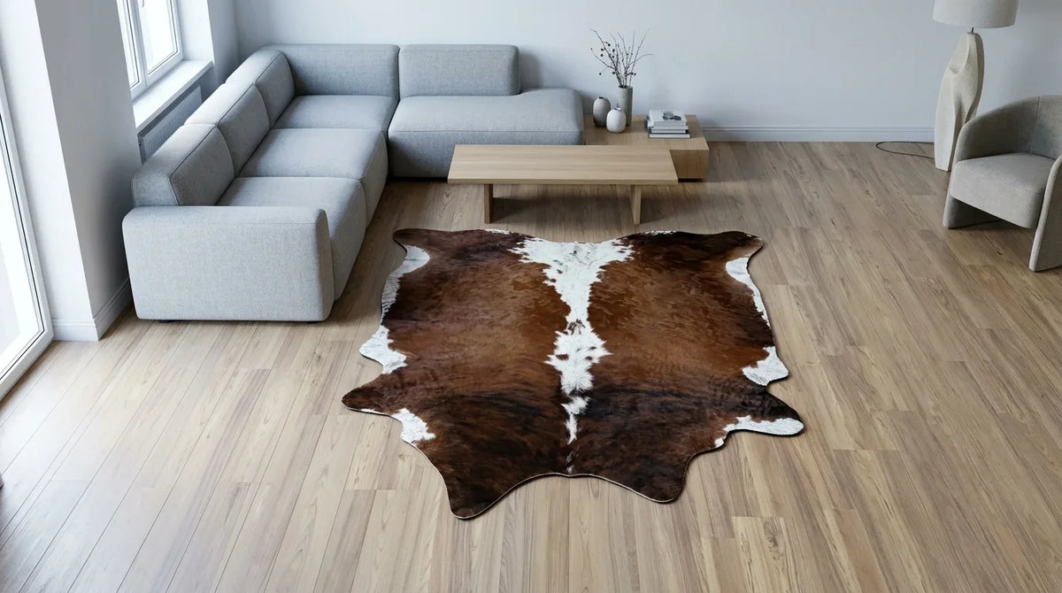 Brown and White cowhide rug on hardwood floor in contemporary european living room
