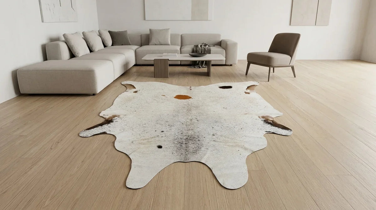 Brown and White cowhide rug on hardwood floor in contemporary european living room