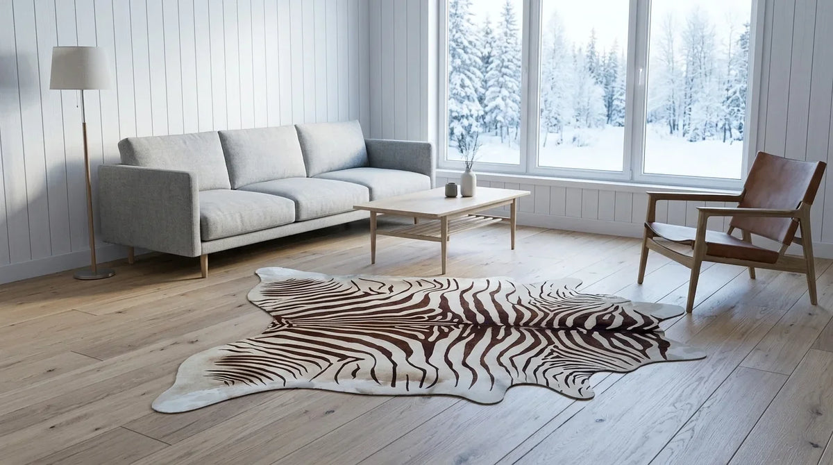 Brown and White cowhide rug on hardwood floor in scandinavian cabin living room
