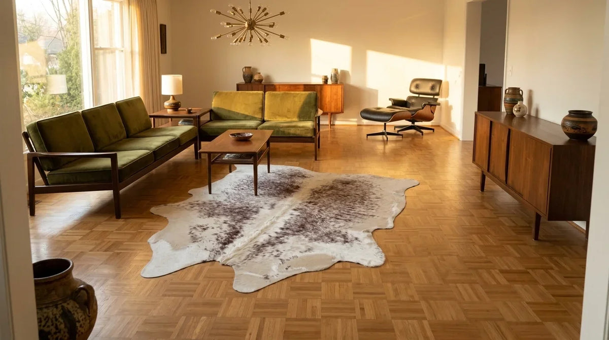 Brown and White cowhide rug on hardwood floor in midcentury modern living room