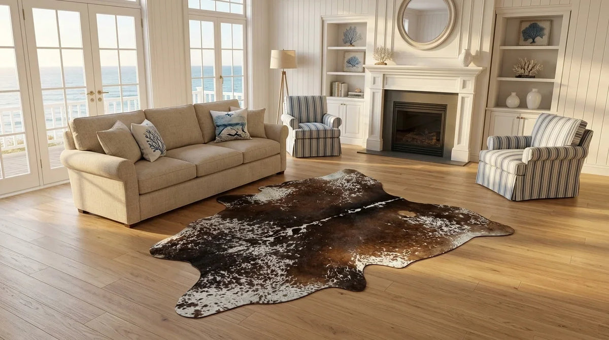 Brown and White cowhide rug on hardwood floor in hamptons coastal living room