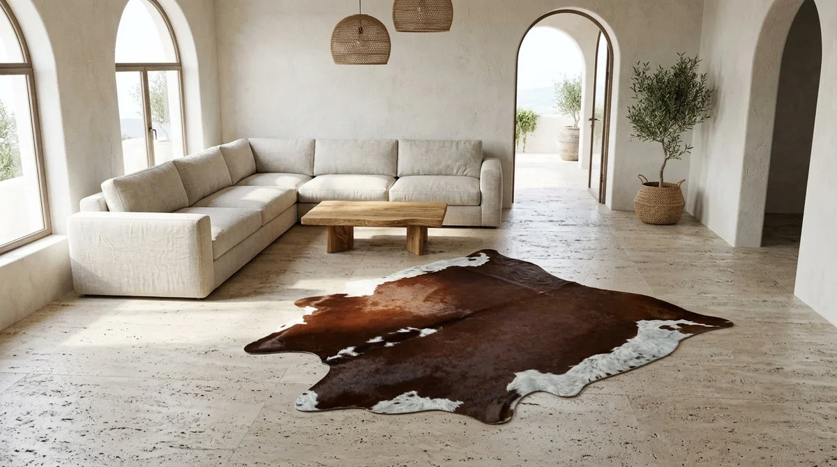 Brown and White cowhide rug on hardwood floor in organic mediterranean living room