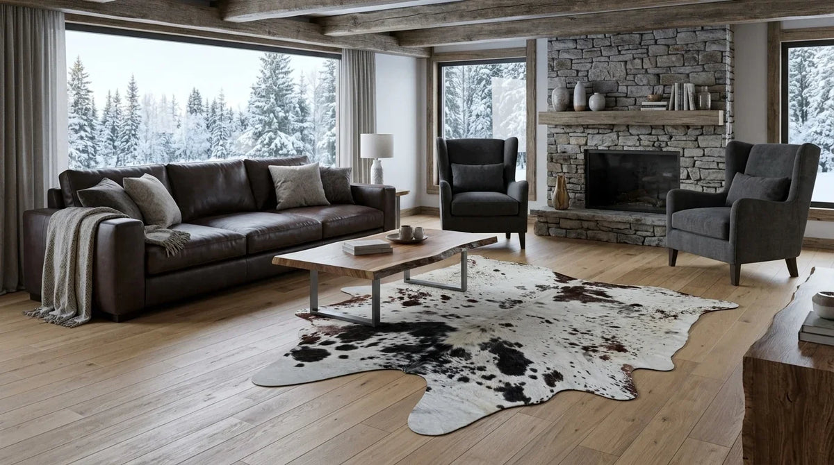 Brown and White cowhide rug on hardwood floor in modern chalet living room
