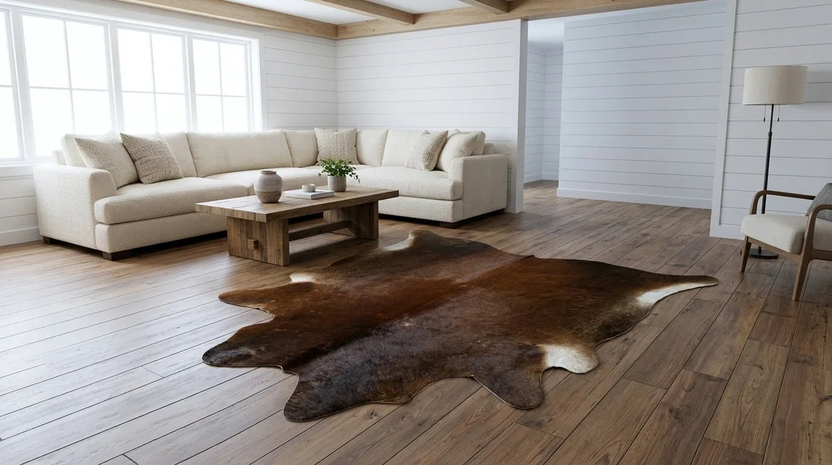 Brown and White cowhide rug on hardwood floor in modern farmhouse living room