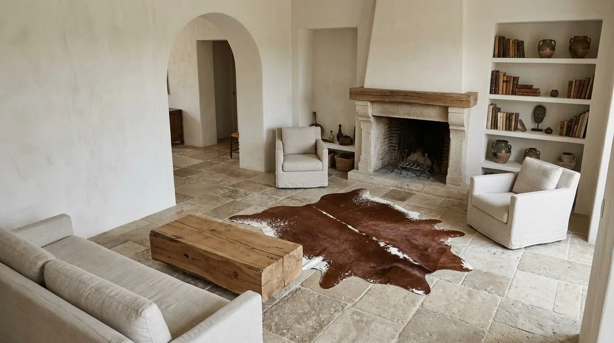 Kuhfell in Braun-Weiß im Wohnzimmer im mediterranen Villenstil