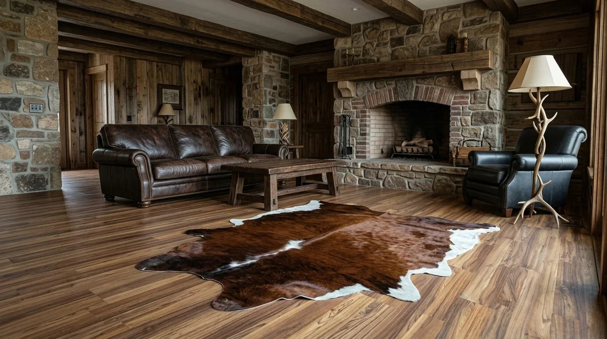 Brown and White cowhide rug on hardwood floor in texas ranch living room