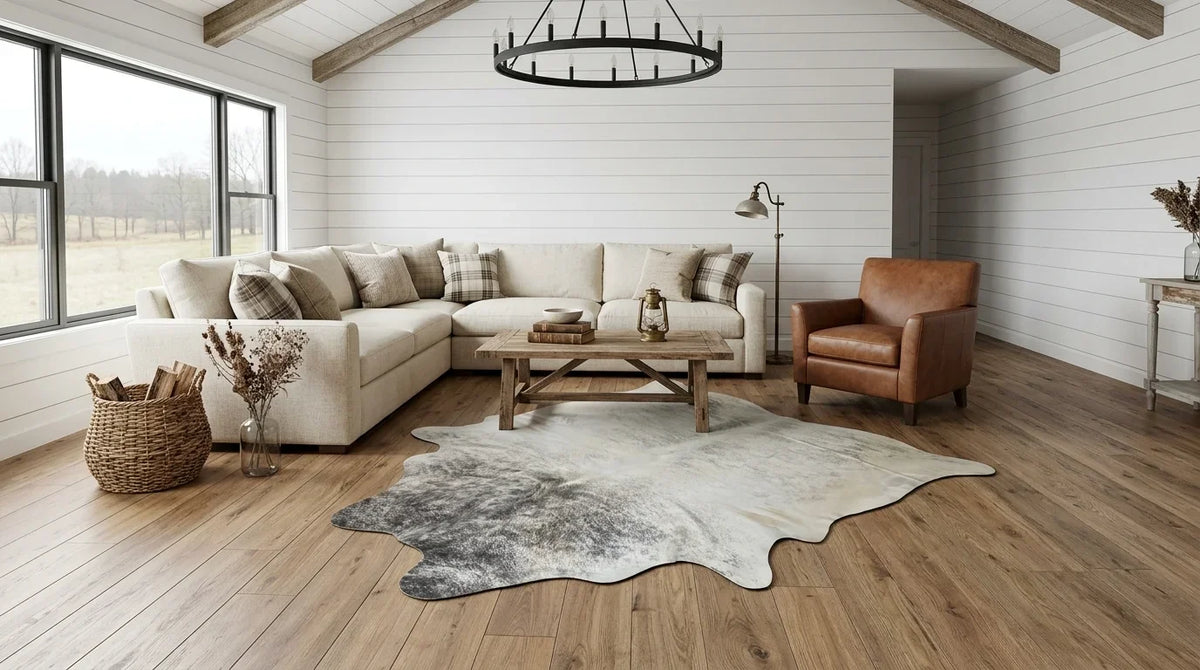 Brown and White cowhide rug on hardwood floor in modern farmhouse living room