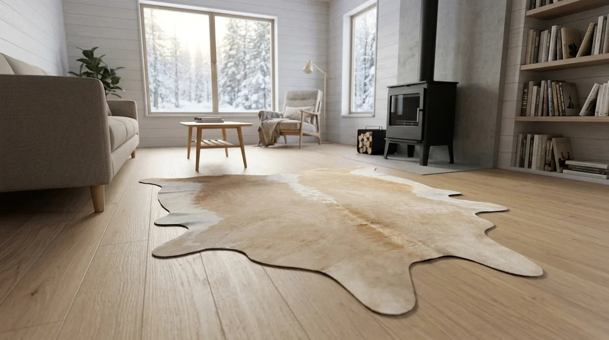 Brown and White cowhide rug on hardwood floor in Scandinavian Cabin living room
