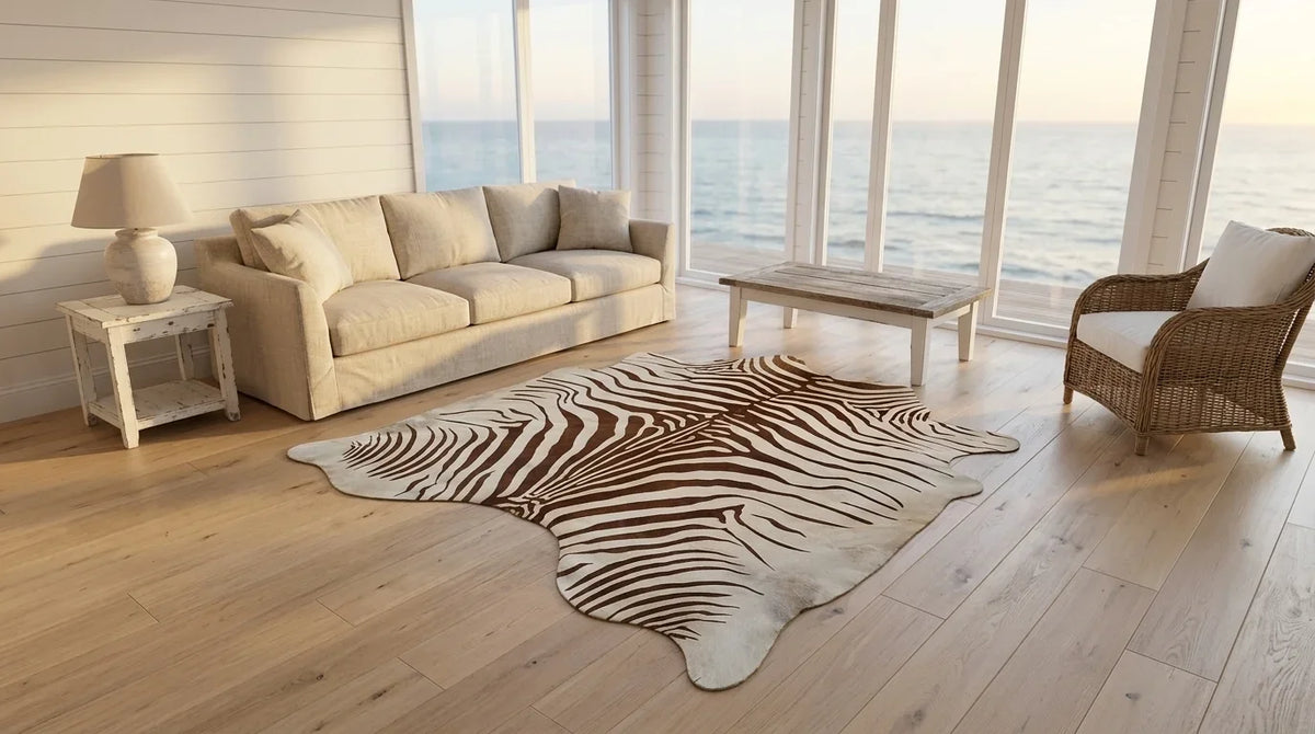 Brown and White cowhide rug on hardwood floor in hamptons coastal living room