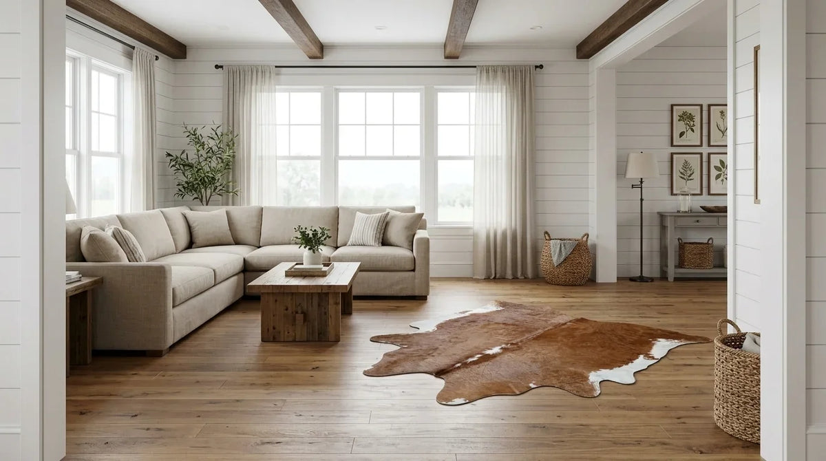 Brown and White cowhide rug on hardwood floor in modern farmhouse living room