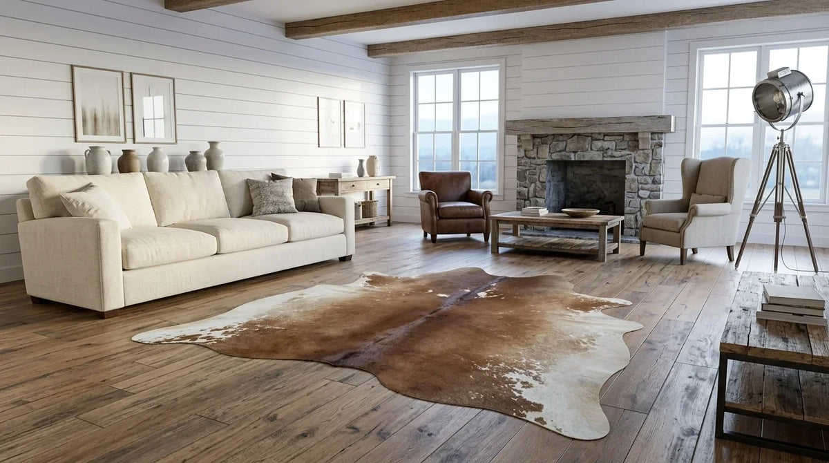 Brown and White cowhide rug on hardwood floor in modern farmhouse living room