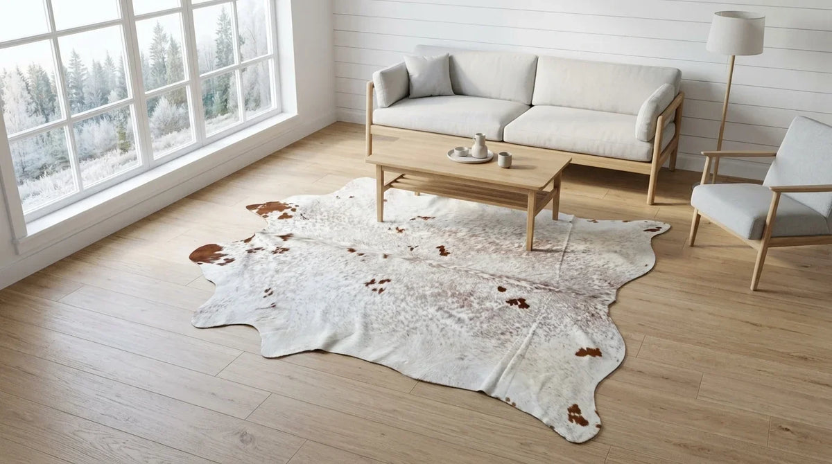Brown and White cowhide rug on hardwood floor in Scandinavian Cabin living room