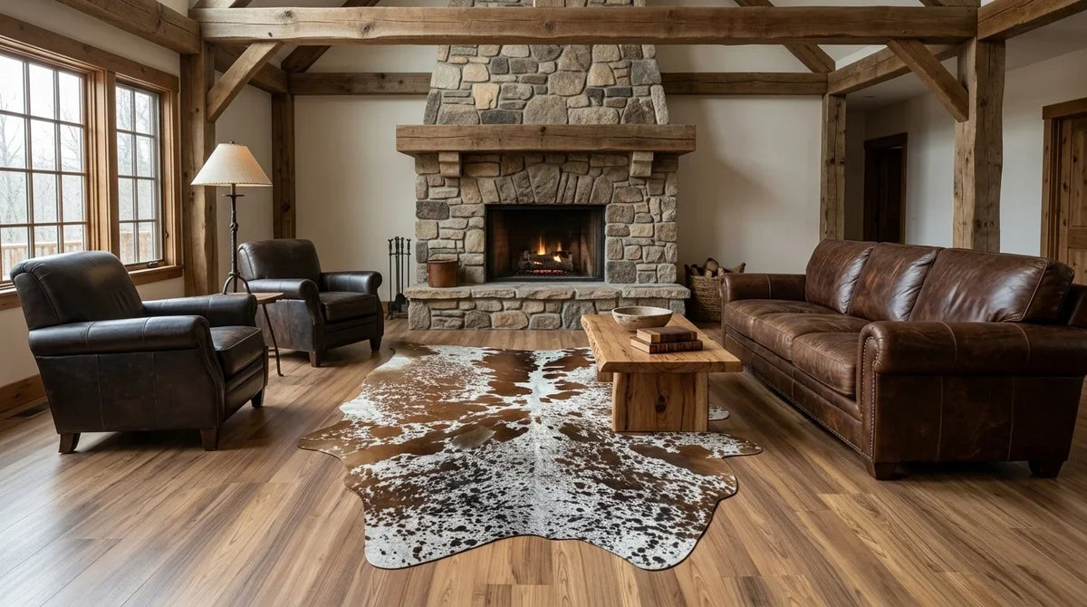 Brown and White cowhide rug on hardwood floor in Texas Ranch living room