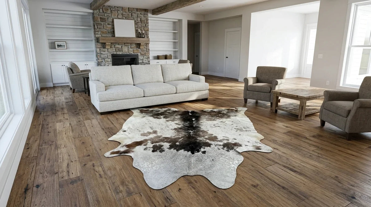 Brown and White cowhide rug on hardwood floor in modern farmhouse living room
