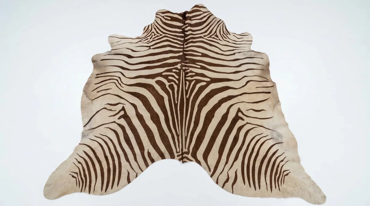 Brown and White cowhide rug flat lay on white background showing full hide shape