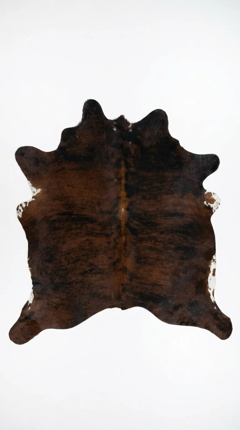 Brown and White cowhide rug flat lay on white background showing full hide shape