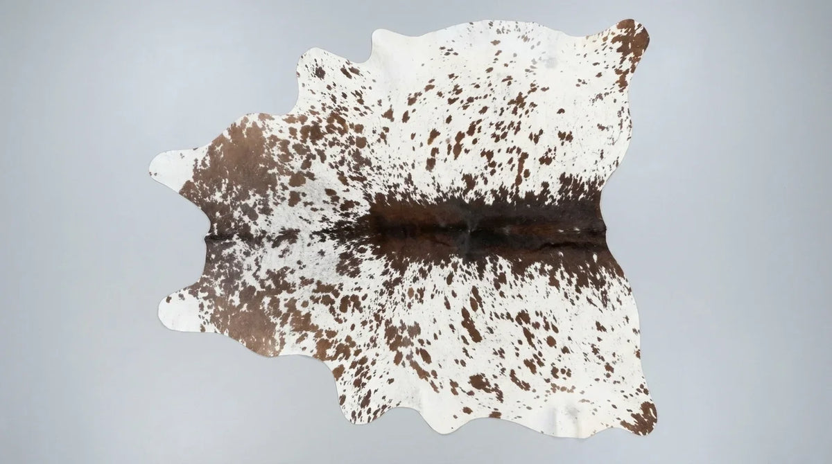 Brown and White cowhide rug flat lay on white background showing full hide shape
