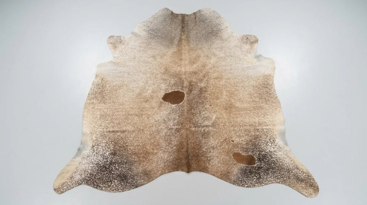 Brown and White cowhide rug flat lay on white background showing full hide shape