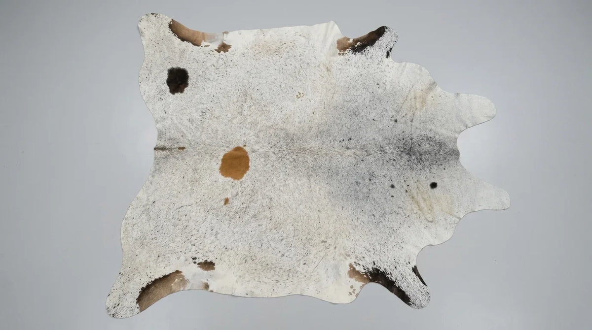 Brown and White cowhide rug flat lay on white background showing full hide shape