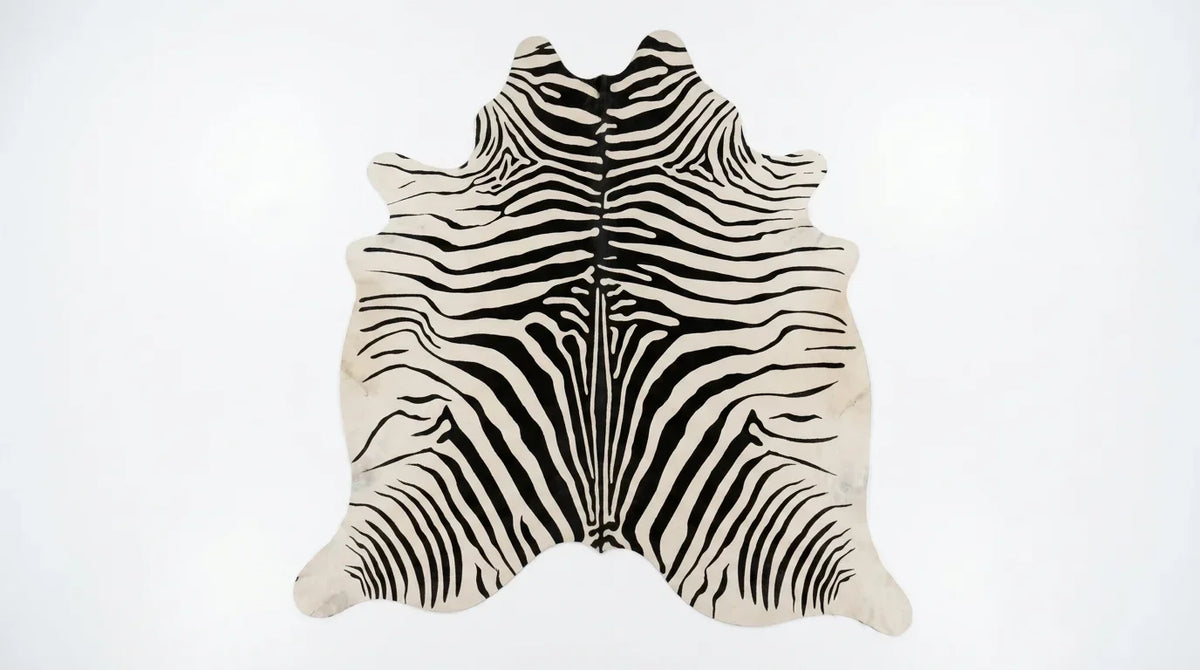 Brown and White cowhide rug flat lay on white background showing full hide shape