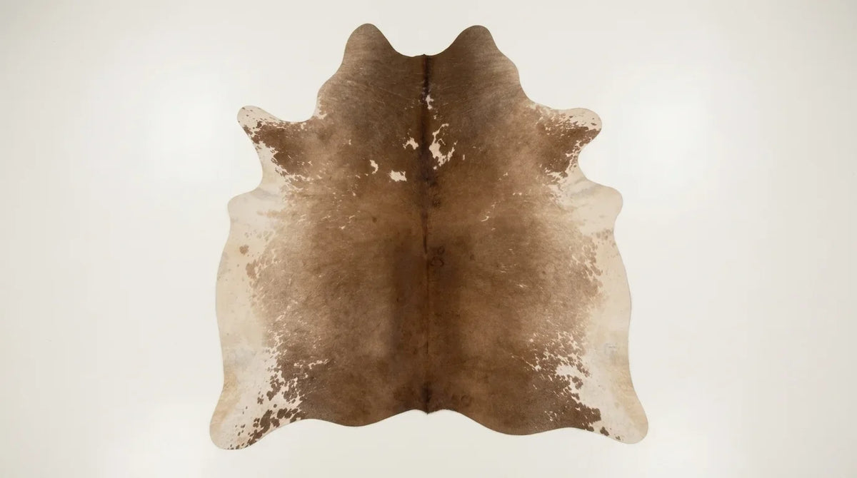 Brown and White cowhide rug flat lay on white background showing full hide shape