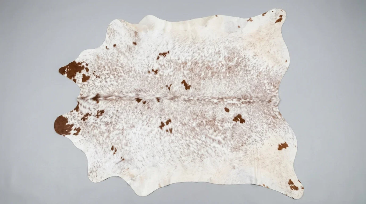 Brown and White cowhide rug flat lay on white background showing full hide shape