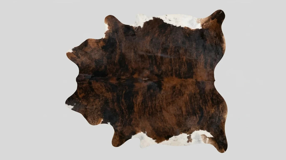 Brown and White cowhide rug flat lay on white background showing full hide shape