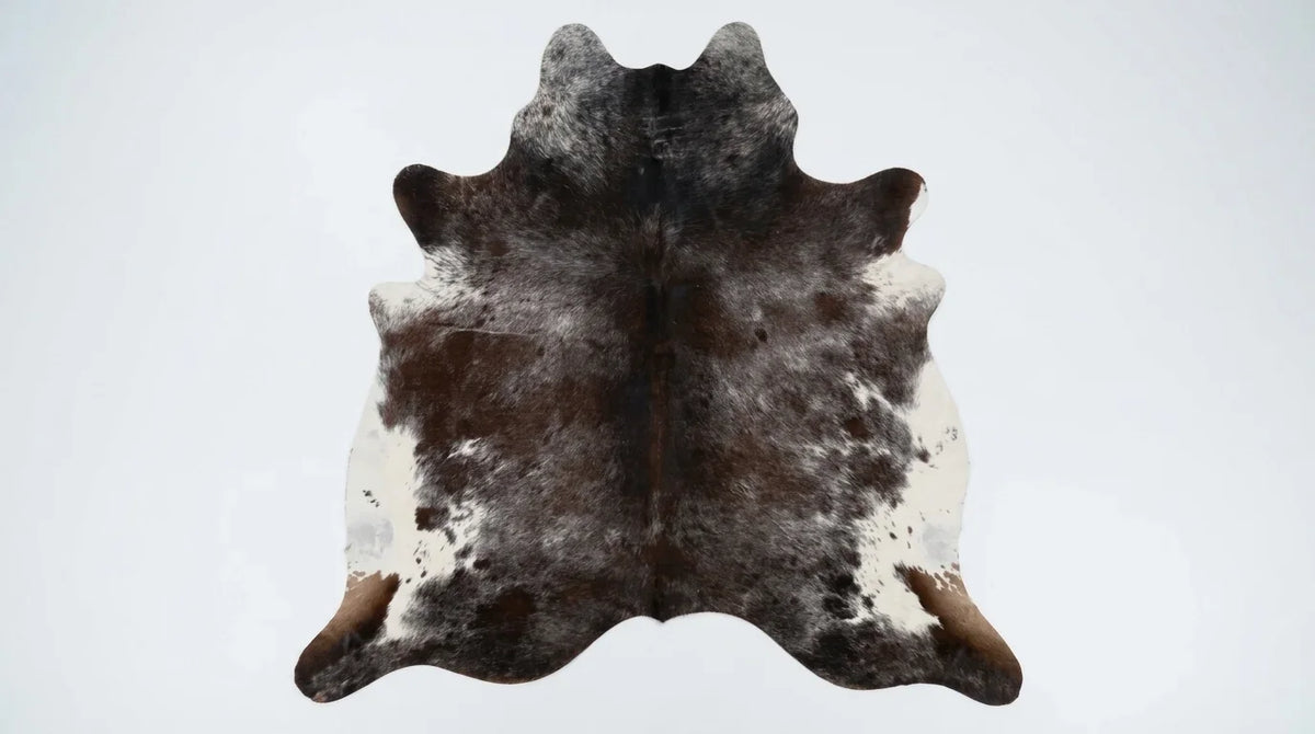 Brown and White cowhide rug flat lay on white background showing full hide shape
