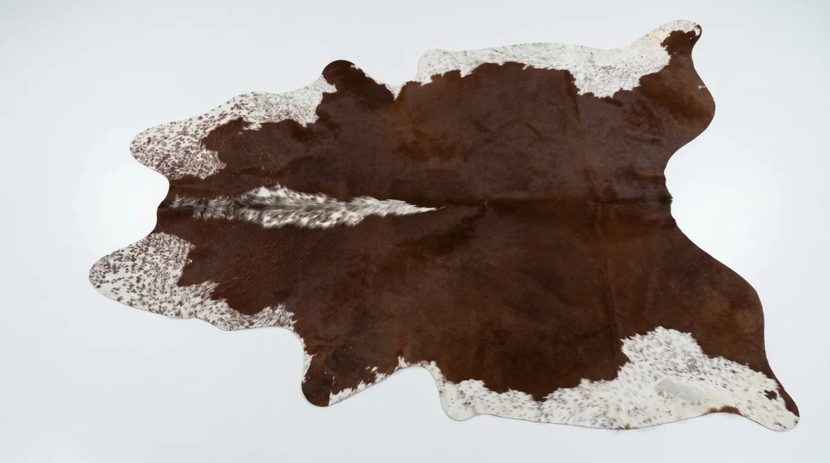 Brown and White cowhide rug flat lay on white background showing full hide shape