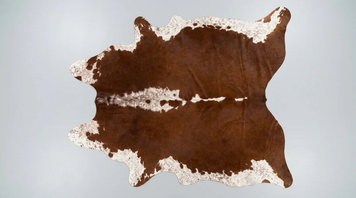 Brown and White cowhide rug flat lay on white background showing full hide shape