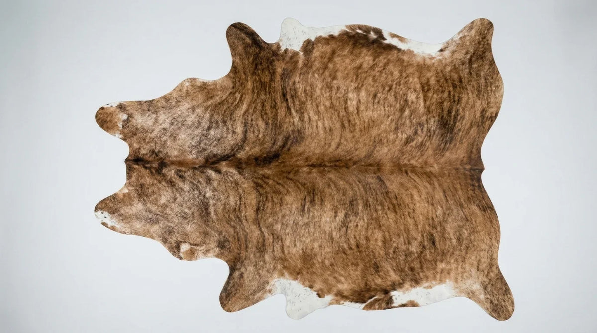 Brown and White cowhide rug flat lay on white background showing full hide shape