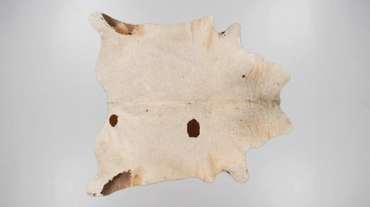 Brown and White cowhide rug flat lay on white background showing full hide shape