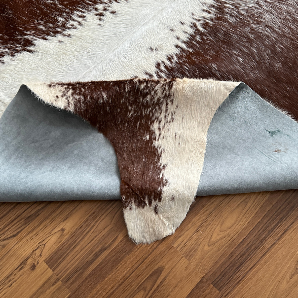 Close-up texture of Brown and White cowhide rug — Large irregular chocolate brown patches over cream and white base with natu