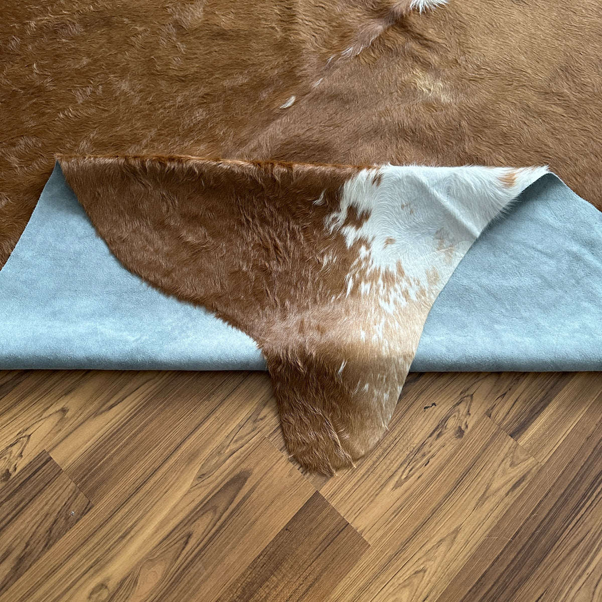 Close-up texture of Brown and White cowhide rug — Large irregular brown patches with white markings and a white stripe band a