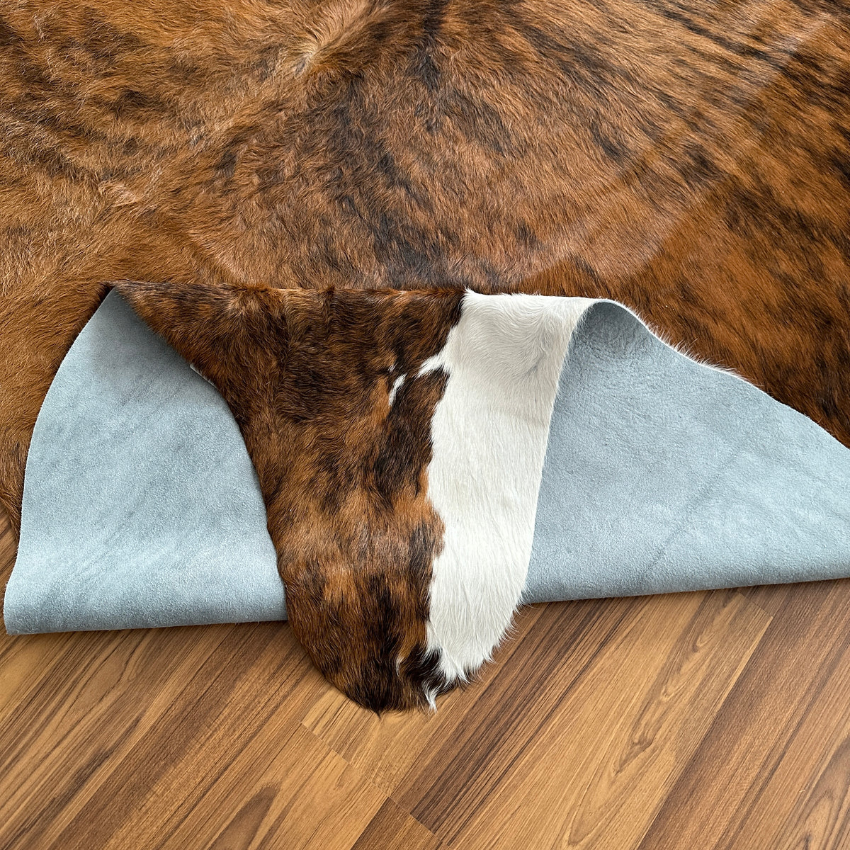 Close-up texture of Brown and White cowhide rug — Large irregular dark brown patches over lighter tan and cream base with nat